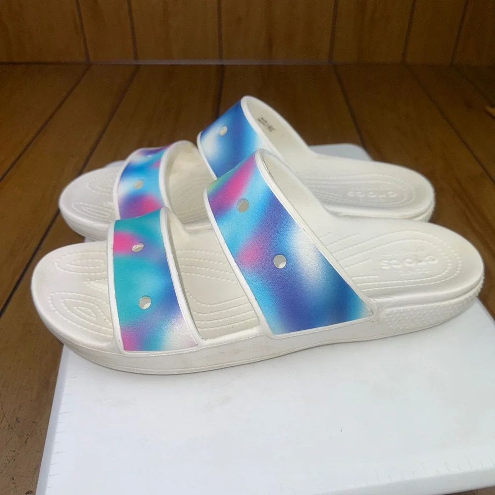 Crocs Classic Tie Dye Slide Sandals Men's‎ Size M 12 White Multi Color Comfort